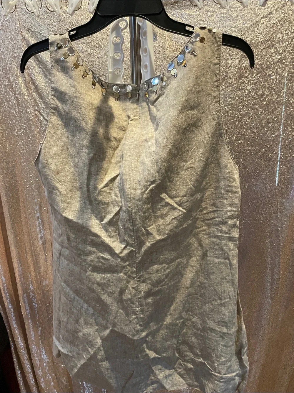 Tory Burch Linen Blend Embellished Tank in Light Gray with Iridescent Sequins